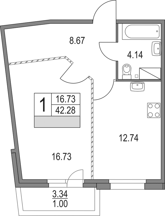 1-комнатная квартира 42.28 м², 2/16 эт., ЖК «Приморский квартал»